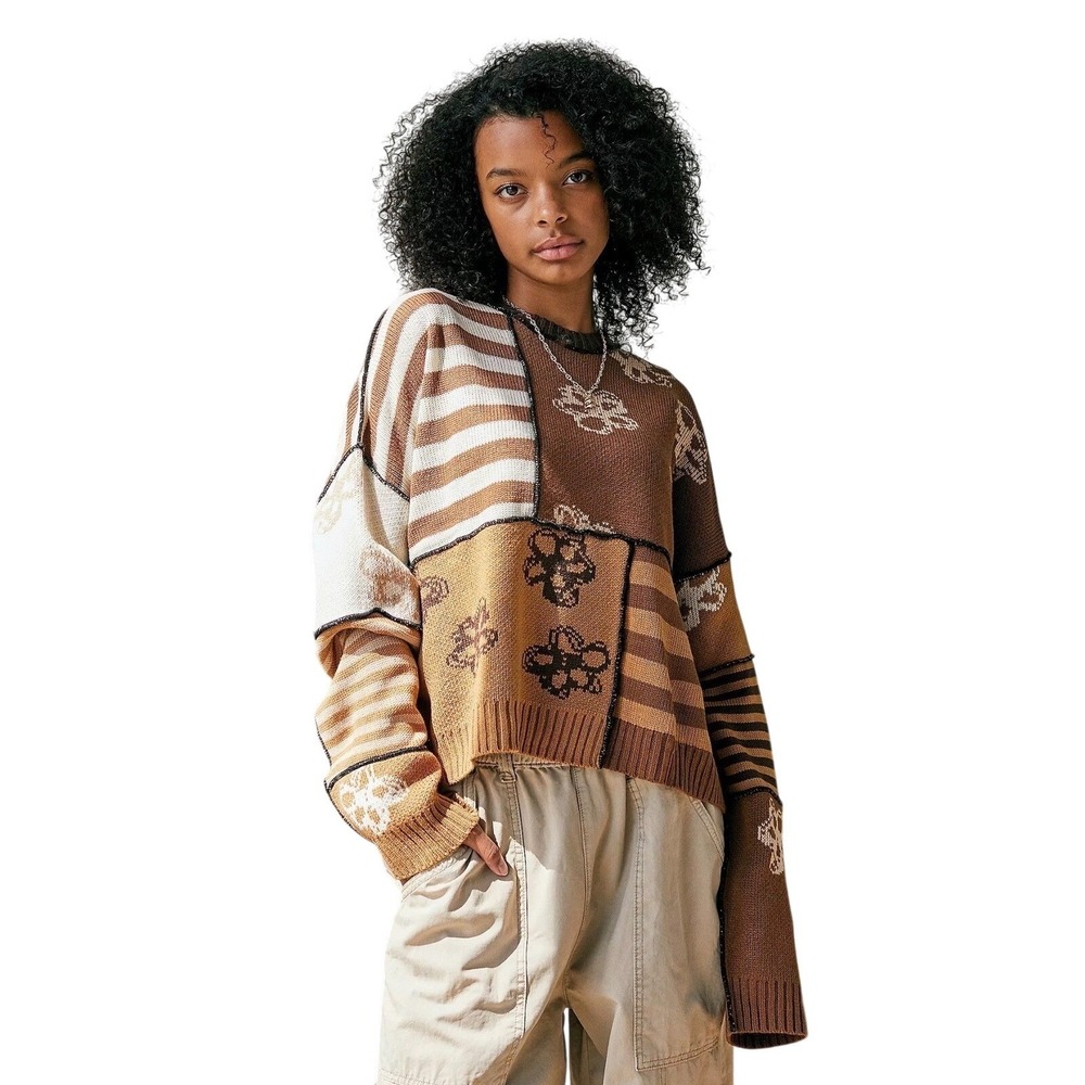 The Ragged Priest Patchwork Butterfly Striped Knit Sweater Brown Tan Womens L